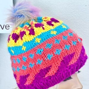 Hand Knits 2 Love Beanie Winter Hat Fair-isle Rainbow Faux Fur Pom Pom Designer